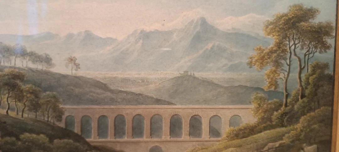 Aquarelle ancienne sur papier du début du XIXe siècle – paysage avec aqueduc et pont-photo-3