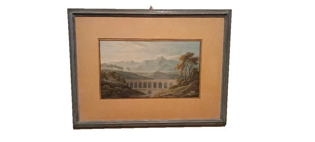Aquarelle ancienne sur papier du début du XIXe siècle – paysage avec aqueduc et pont