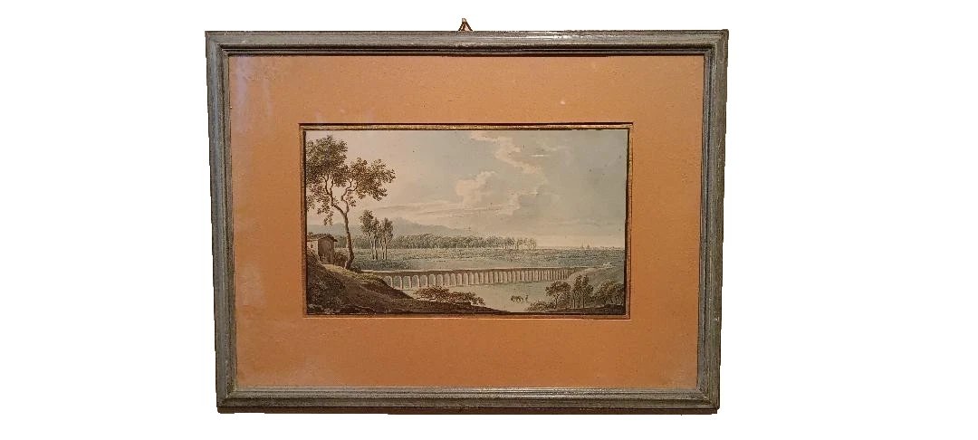 Aquarelle ancienne sur papier du début du XIXe siècle – paysage avec aqueduc et pont-photo-2