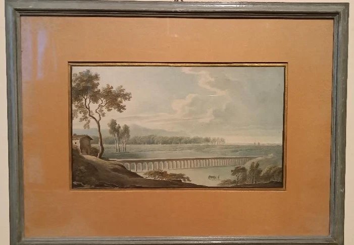 Aquarelle ancienne sur papier du début du XIXe siècle – paysage avec aqueduc et pont-photo-3