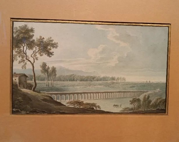 Aquarelle ancienne sur papier du début du XIXe siècle – paysage avec aqueduc et pont-photo-4