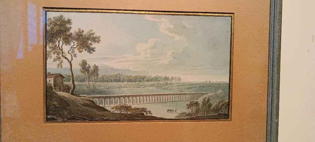 Aquarelle ancienne sur papier du début du XIXe siècle – paysage avec aqueduc et pont-photo-1