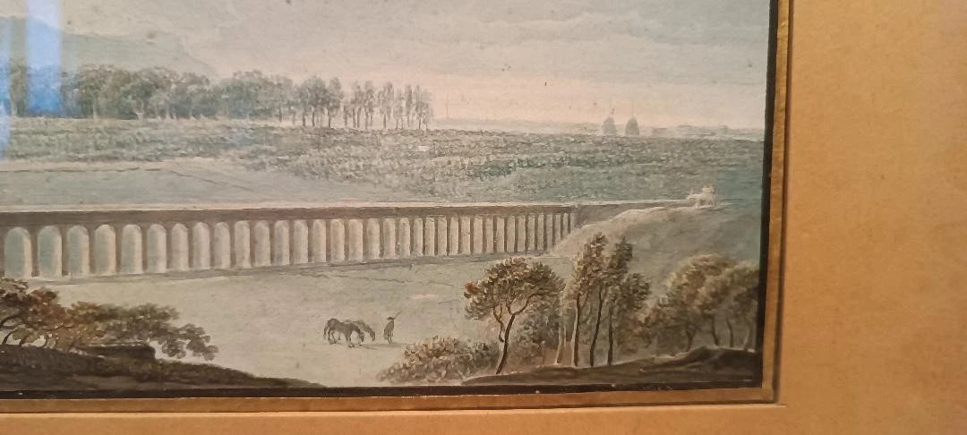 Aquarelle ancienne sur papier du début du XIXe siècle – paysage avec aqueduc et pont-photo-2