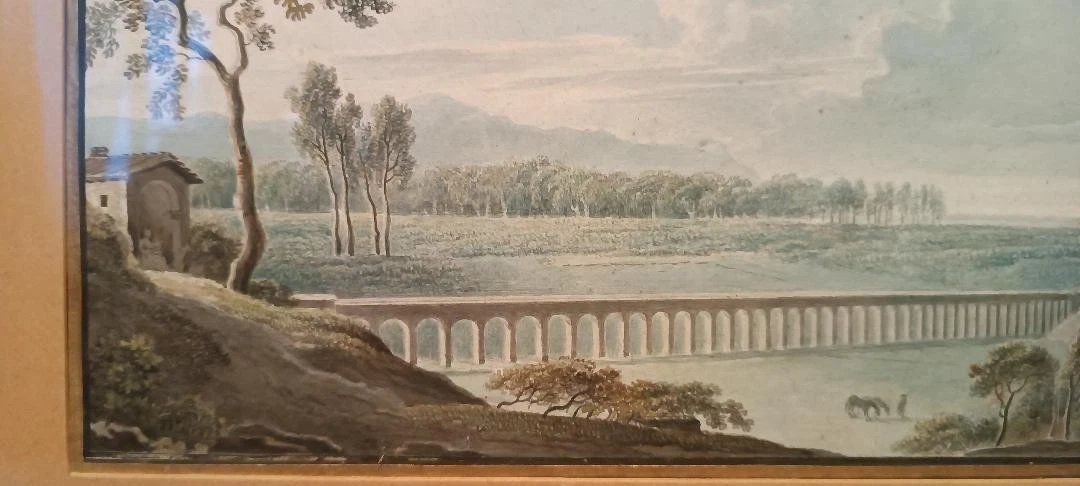 Aquarelle ancienne sur papier du début du XIXe siècle – paysage avec aqueduc et pont-photo-3
