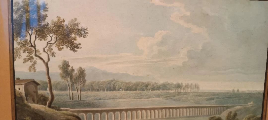 Aquarelle ancienne sur papier du début du XIXe siècle – paysage avec aqueduc et pont-photo-4