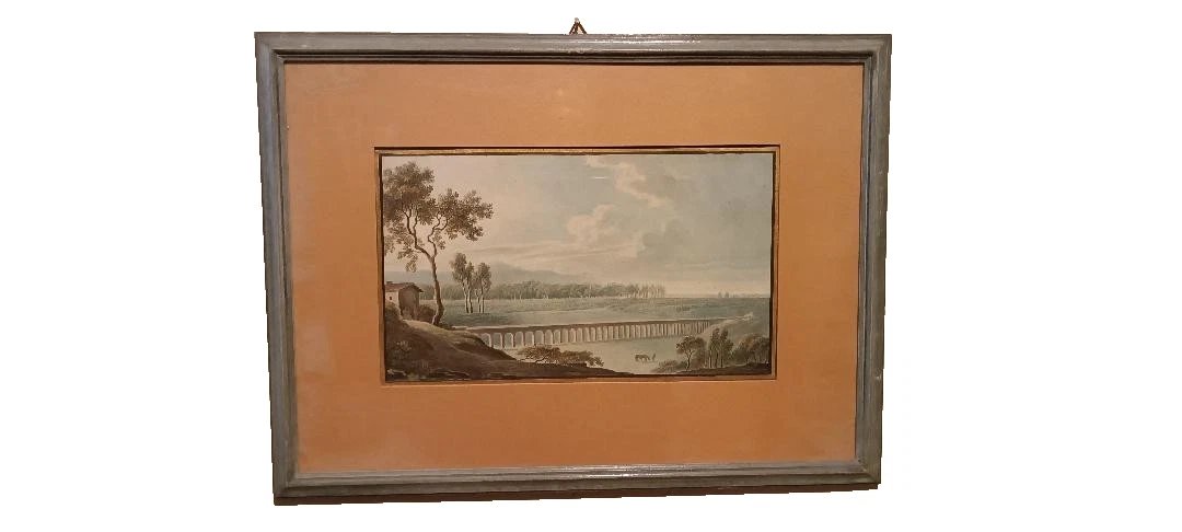 Aquarelle ancienne sur papier du début du XIXe siècle – paysage avec aqueduc et pont