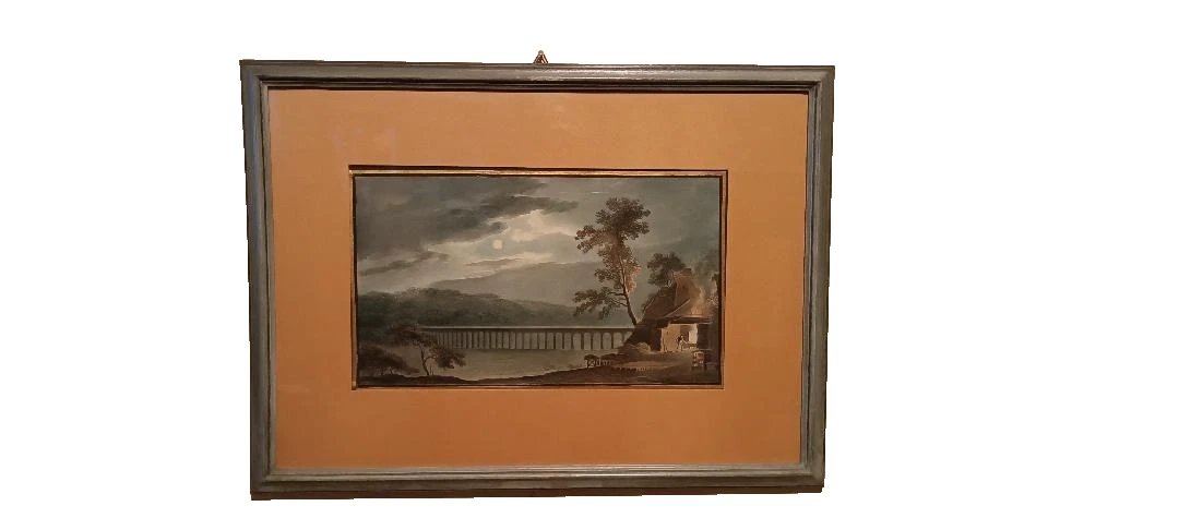 Aquarelle ancienne sur papier du début du XIXe siècle - paysage nocturne avec aqueduc et pont-photo-2