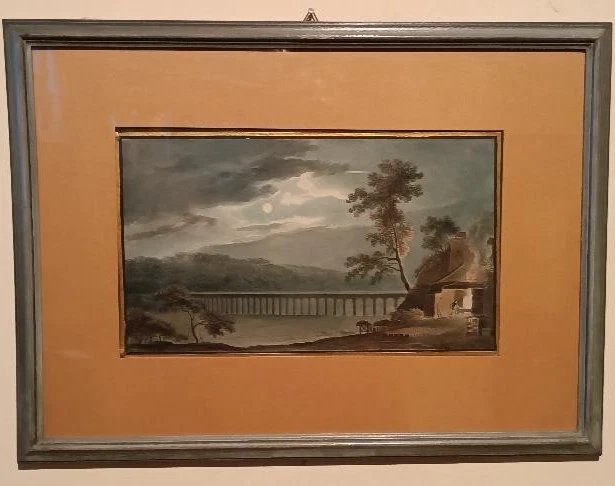 Aquarelle ancienne sur papier du début du XIXe siècle - paysage nocturne avec aqueduc et pont-photo-3