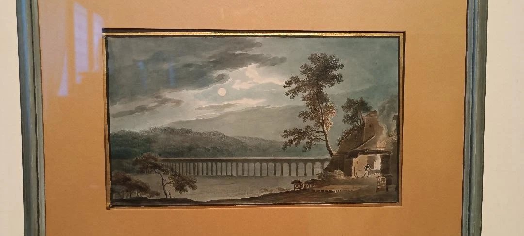 Aquarelle ancienne sur papier du début du XIXe siècle - paysage nocturne avec aqueduc et pont-photo-4