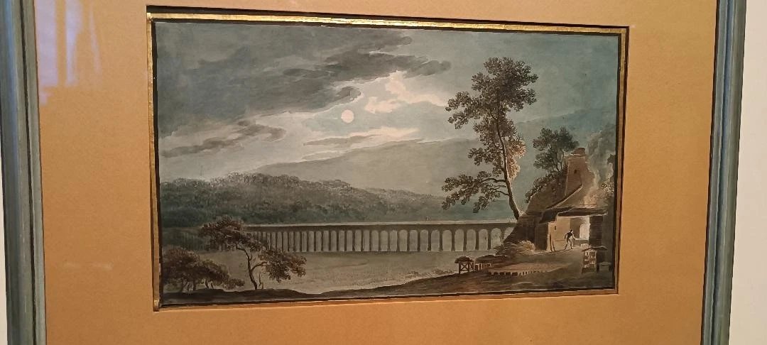 Aquarelle ancienne sur papier du début du XIXe siècle - paysage nocturne avec aqueduc et pont-photo-1