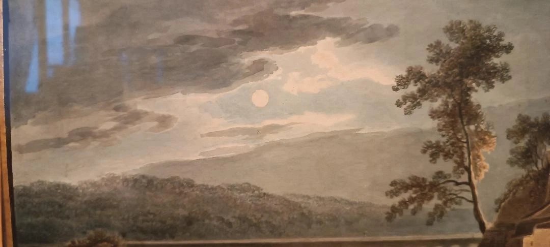 Aquarelle ancienne sur papier du début du XIXe siècle - paysage nocturne avec aqueduc et pont-photo-4
