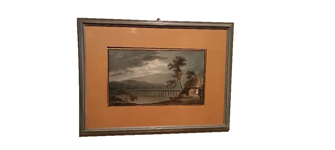Aquarelle ancienne sur papier du début du XIXe siècle - paysage nocturne avec aqueduc et pont