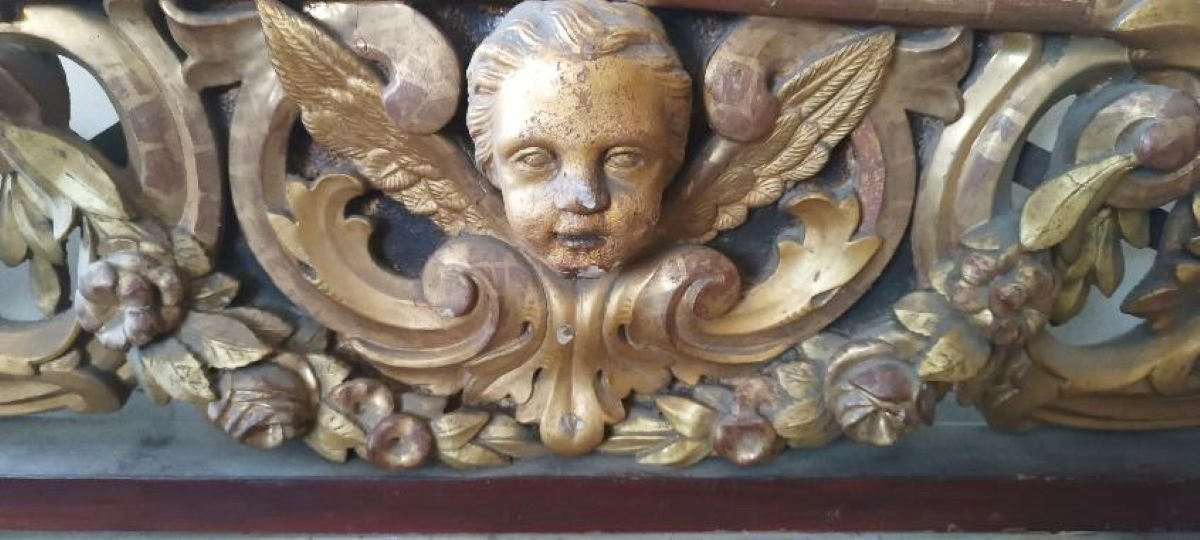 Large Antique Gilded And Carved Wooden Frieze, 19th Century-photo-1