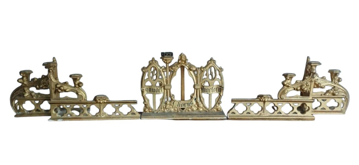 Neo-gothic Gilded Wooden Altar Candlestick Triptych, L. 213 Cm-photo-2