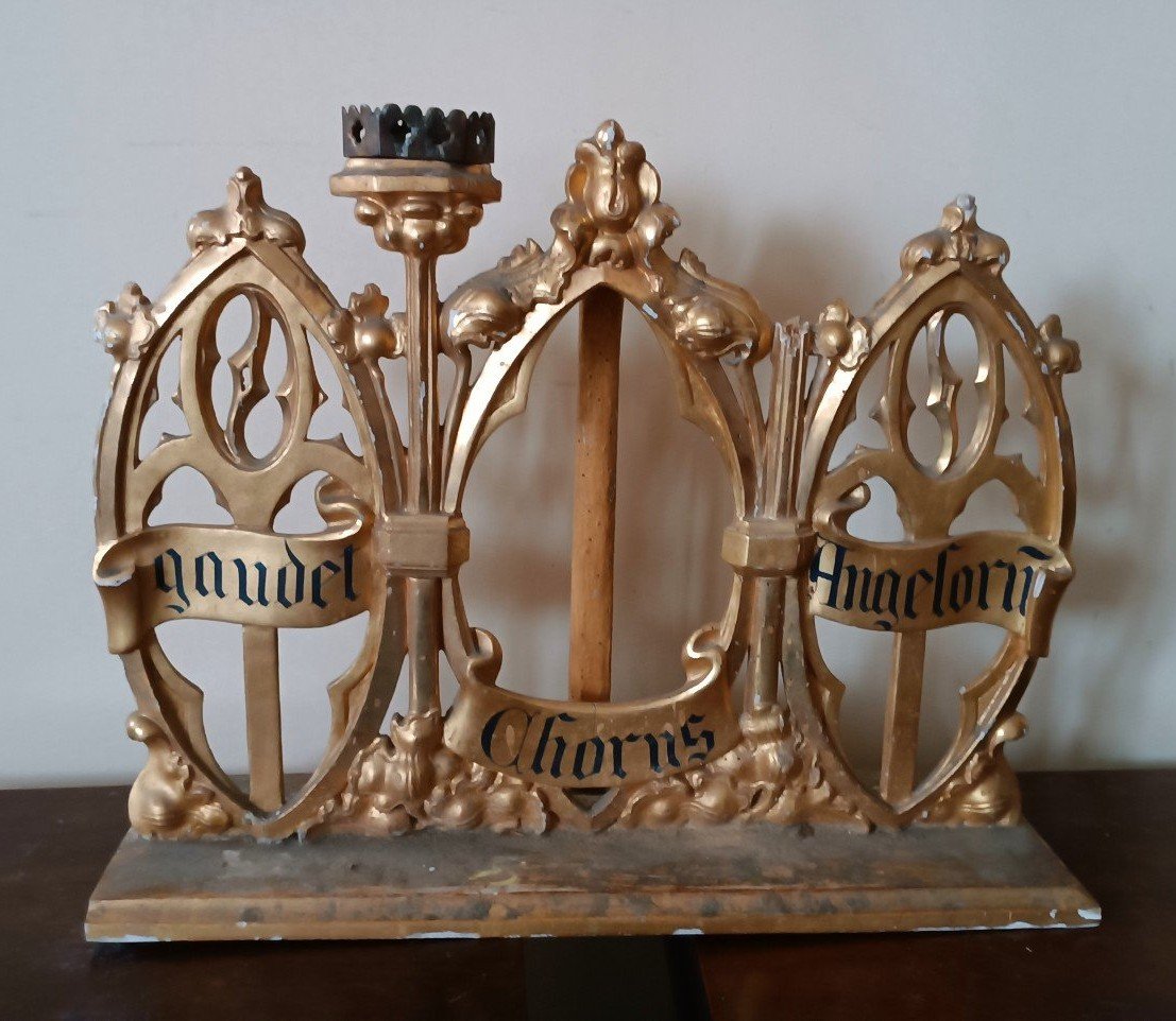 Neo-gothic Gilded Wooden Altar Candlestick Triptych, L. 213 Cm-photo-3
