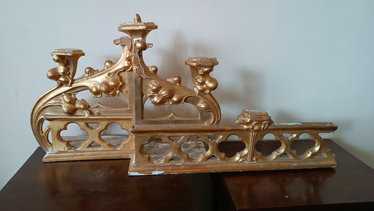 Neo-gothic Gilded Wooden Altar Candlestick Triptych, L. 213 Cm-photo-4