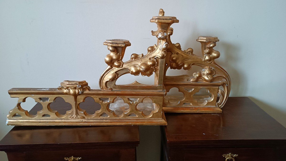 Neo-gothic Gilded Wooden Altar Candlestick Triptych, L. 213 Cm-photo-1
