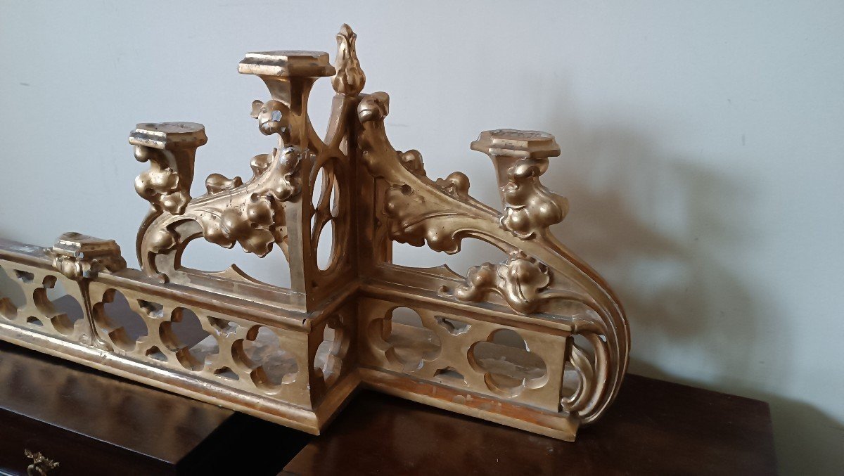 Neo-gothic Gilded Wooden Altar Candlestick Triptych, L. 213 Cm-photo-2
