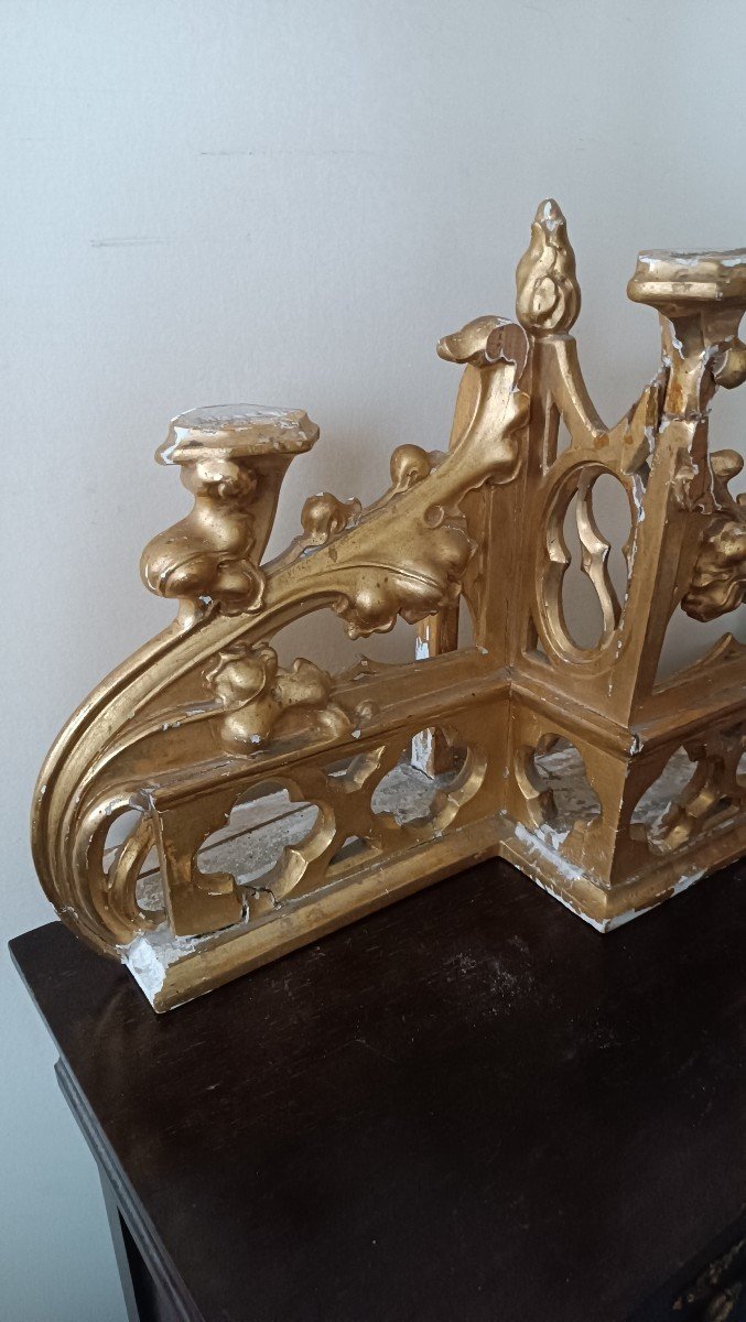 Neo-gothic Gilded Wooden Altar Candlestick Triptych, L. 213 Cm-photo-3