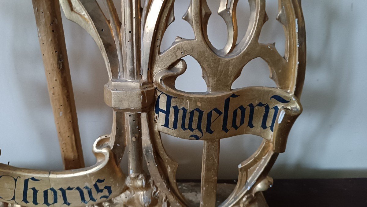 Neo-gothic Gilded Wooden Altar Candlestick Triptych, L. 213 Cm-photo-4