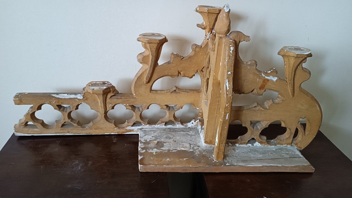 Neo-gothic Gilded Wooden Altar Candlestick Triptych, L. 213 Cm-photo-5