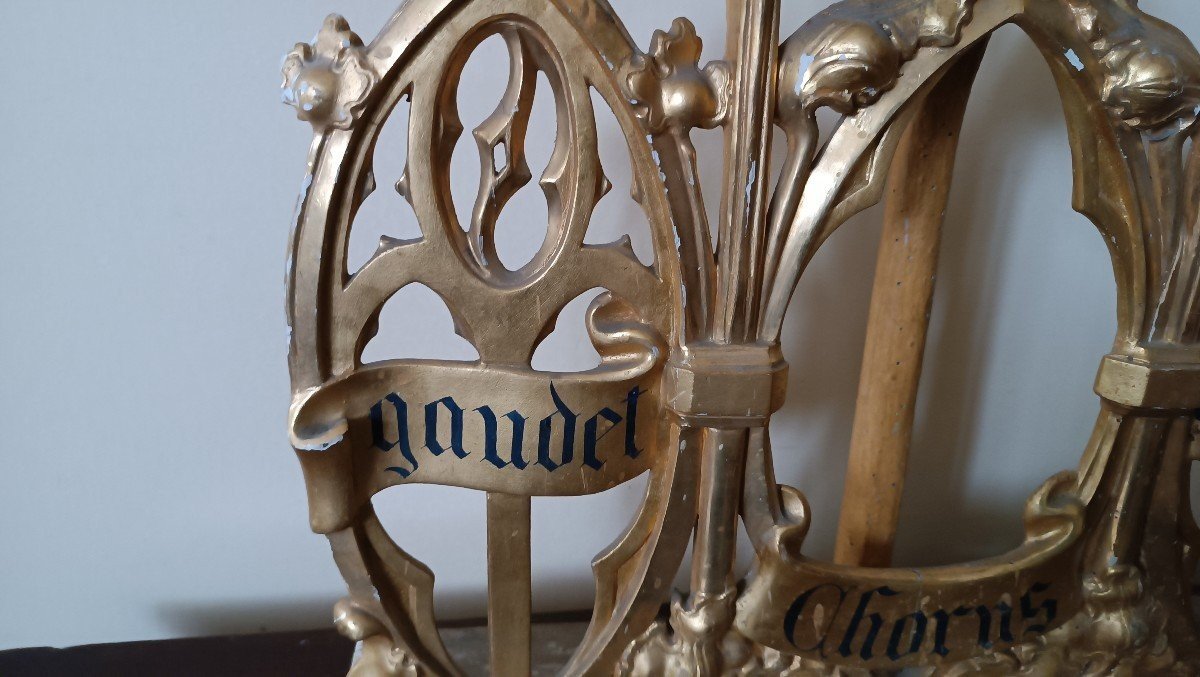Neo-gothic Gilded Wooden Altar Candlestick Triptych, L. 213 Cm-photo-6