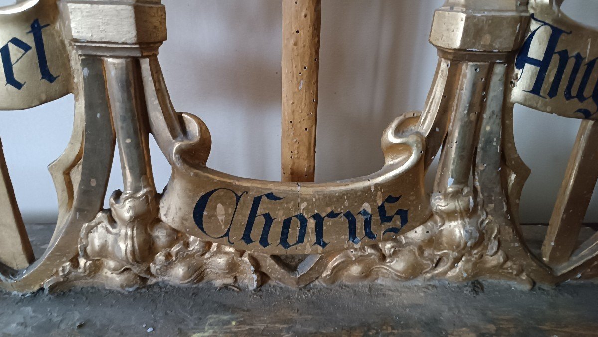 Neo-gothic Gilded Wooden Altar Candlestick Triptych, L. 213 Cm-photo-7