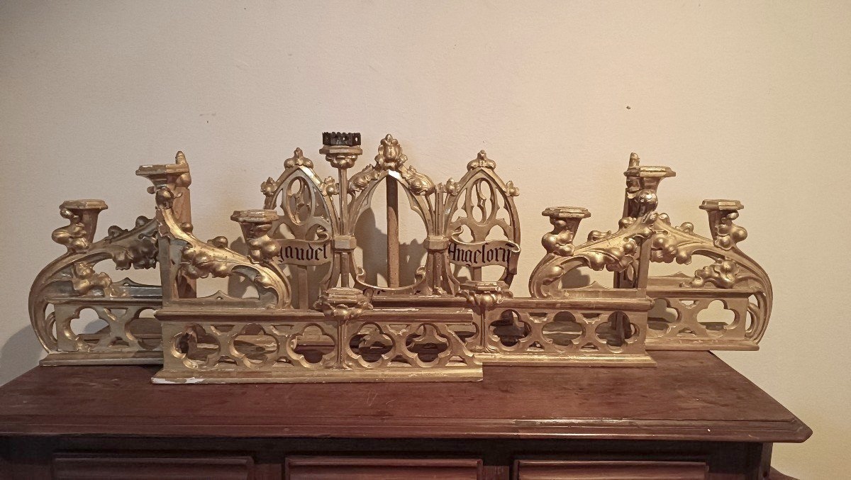 Neo-gothic Gilded Wooden Altar Candlestick Triptych, L. 213 Cm