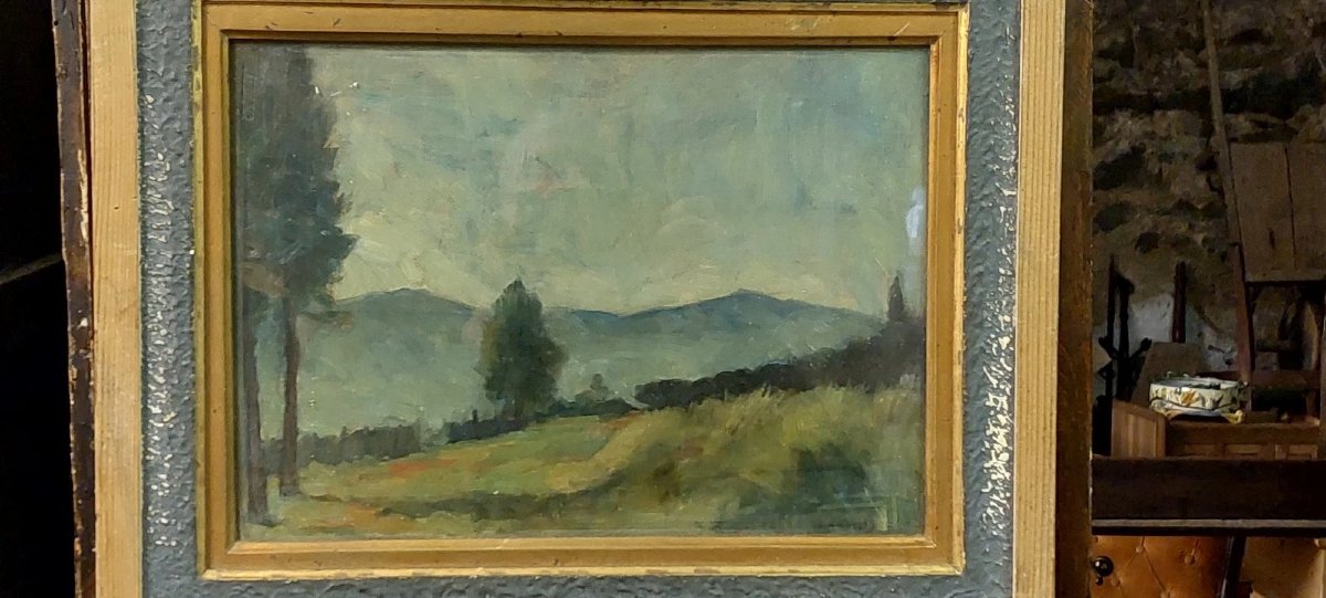 ENNIO COCCHI PAYSAGE ET NATURE MORTE PEINTS SUR PANNEAU À DEUX FACES-photo-2