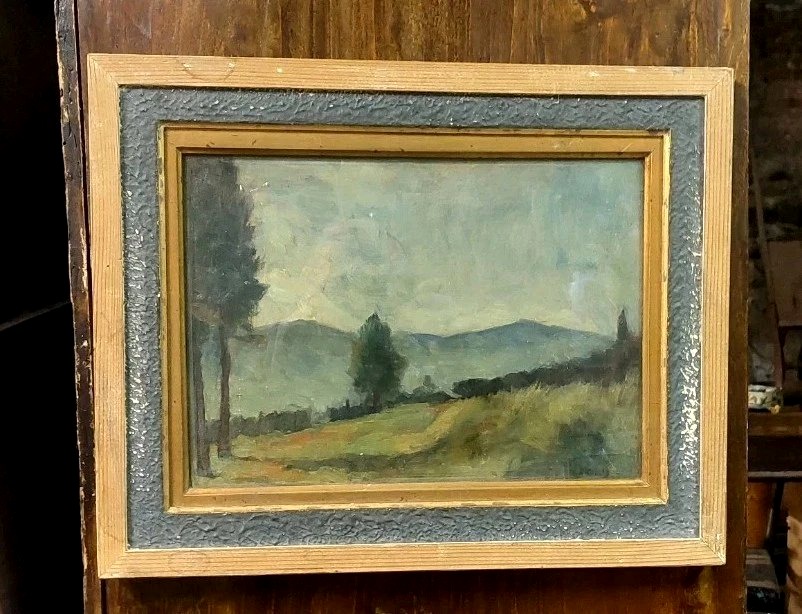 ENNIO COCCHI PAYSAGE ET NATURE MORTE PEINTS SUR PANNEAU À DEUX FACES
