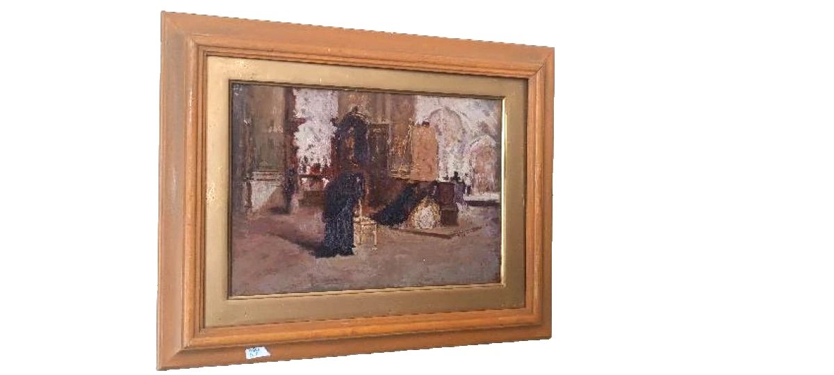 Huile sur panneau - début du XXe siècle - intérieur d'église-photo-2
