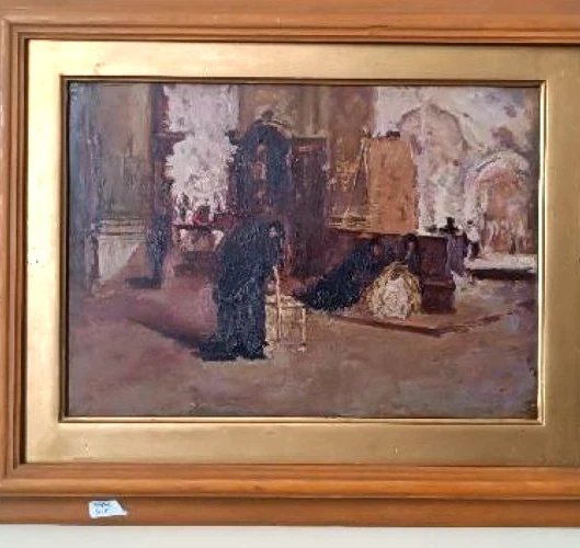 Huile sur panneau - début du XXe siècle - intérieur d'église-photo-3