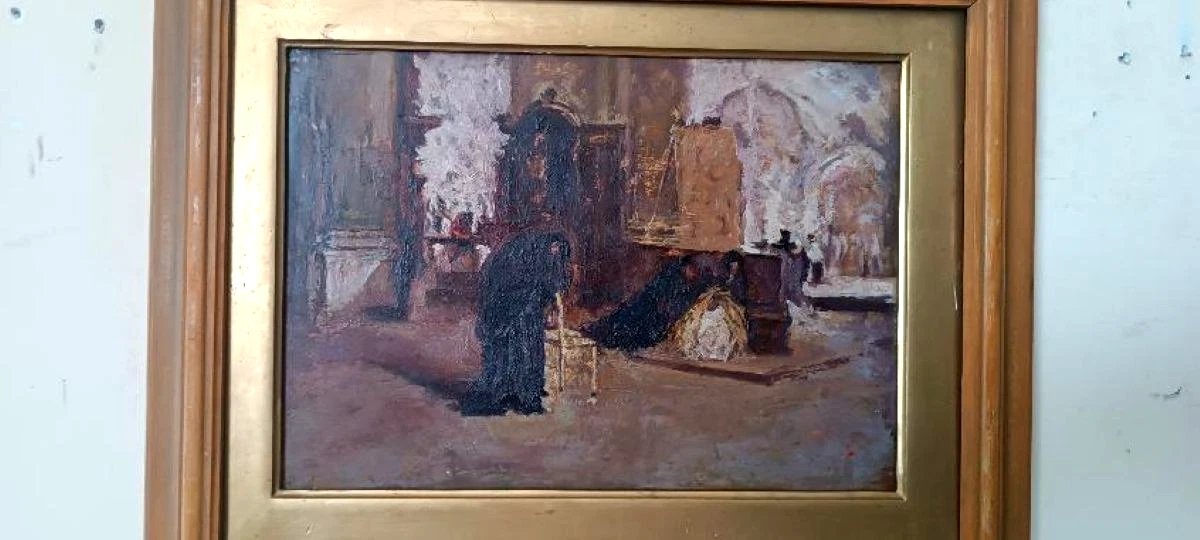 Huile sur panneau - début du XXe siècle - intérieur d'église-photo-4