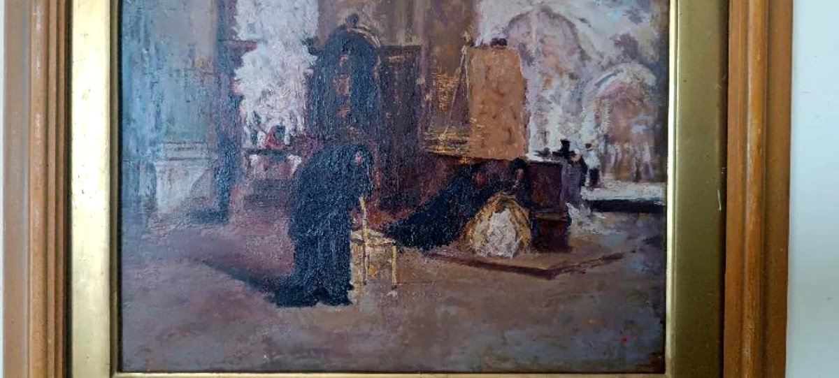 Huile sur panneau - début du XXe siècle - intérieur d'église-photo-1