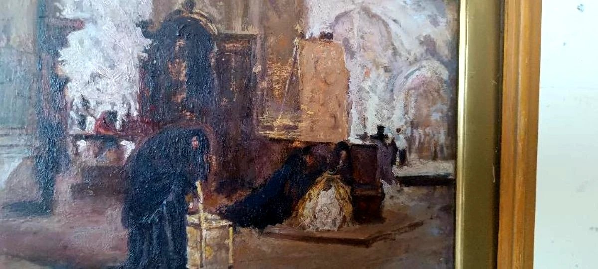 Huile sur panneau - début du XXe siècle - intérieur d'église-photo-2