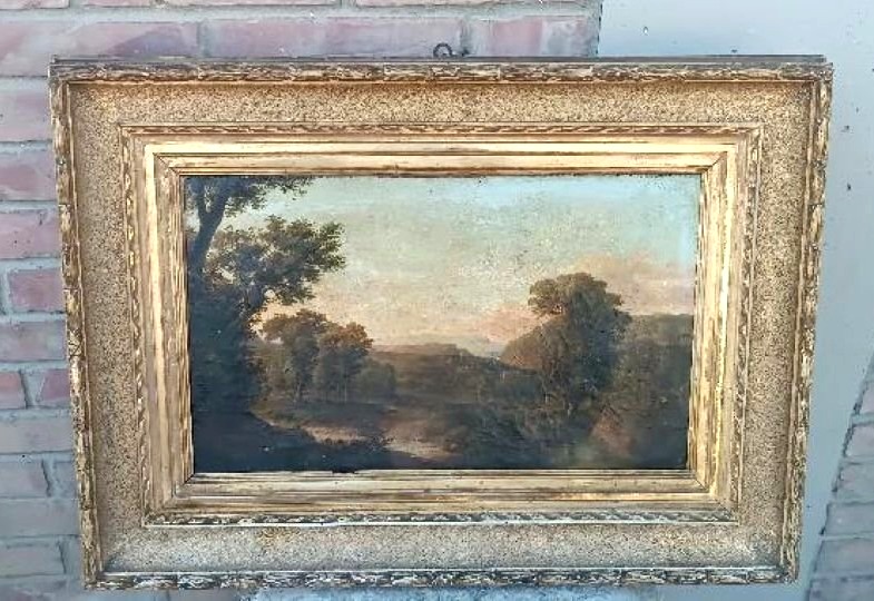 An Antique Painting On Canvas Depicting A Bucolic Landscape-photo-2