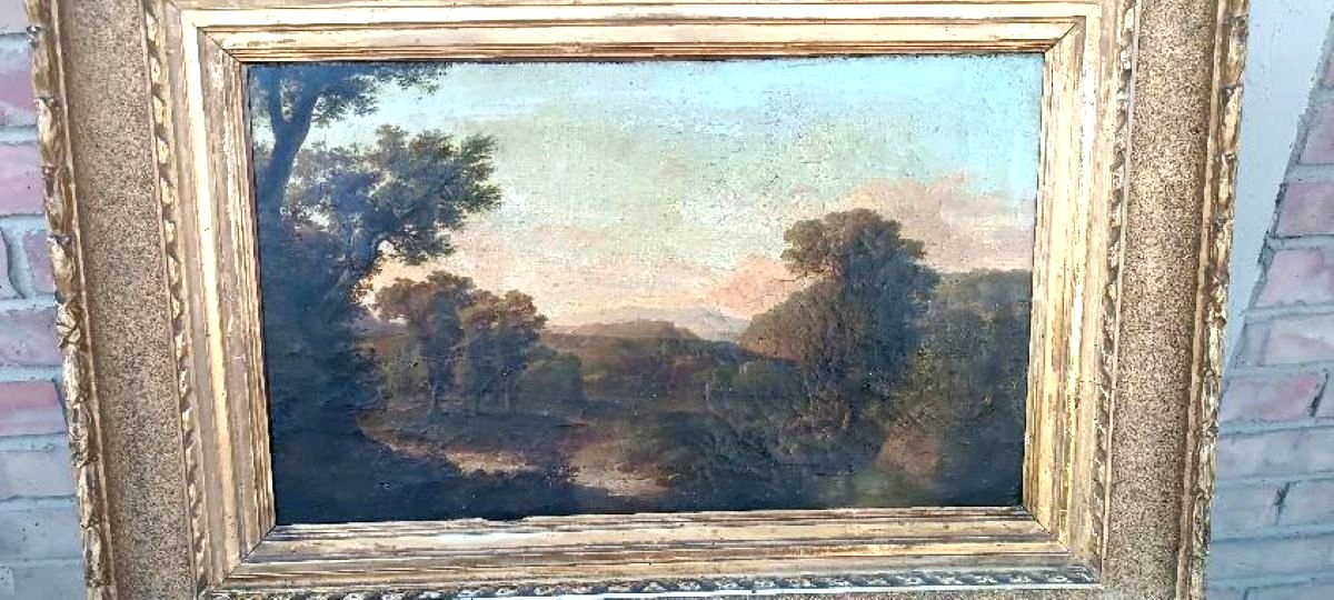 An Antique Painting On Canvas Depicting A Bucolic Landscape-photo-3