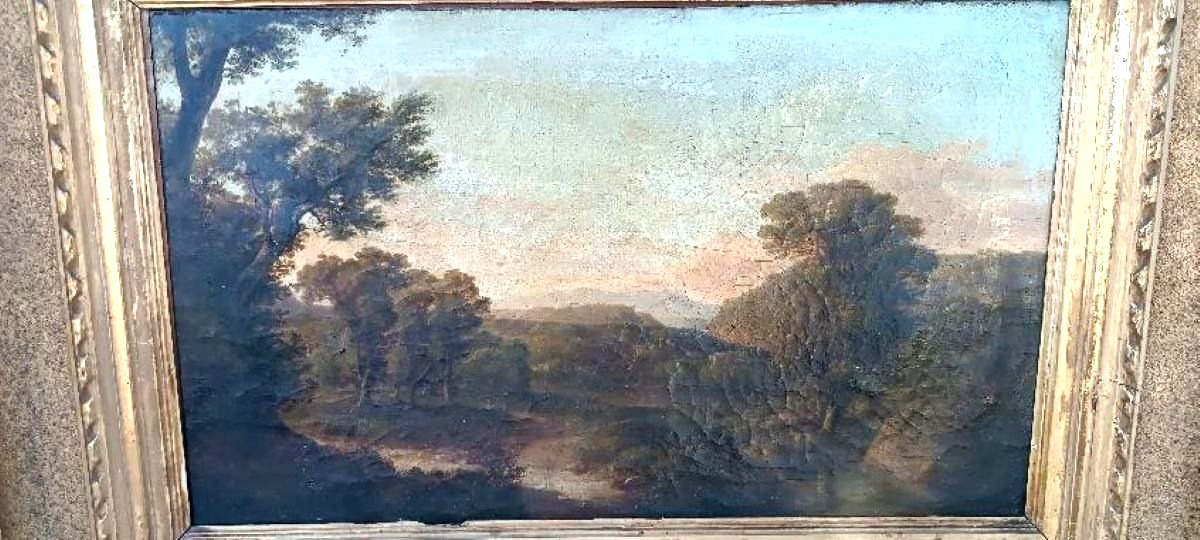 An Antique Painting On Canvas Depicting A Bucolic Landscape-photo-4