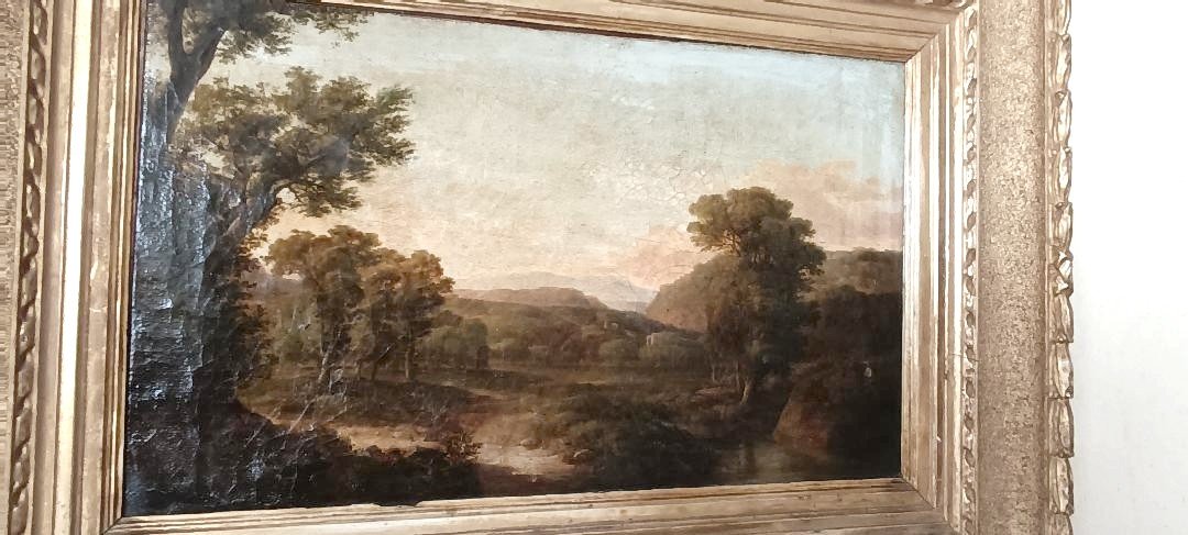 Peinture ancienne sur toile représentant un paysage bucolique-photo-2
