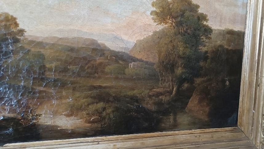 Peinture ancienne sur toile représentant un paysage bucolique-photo-3