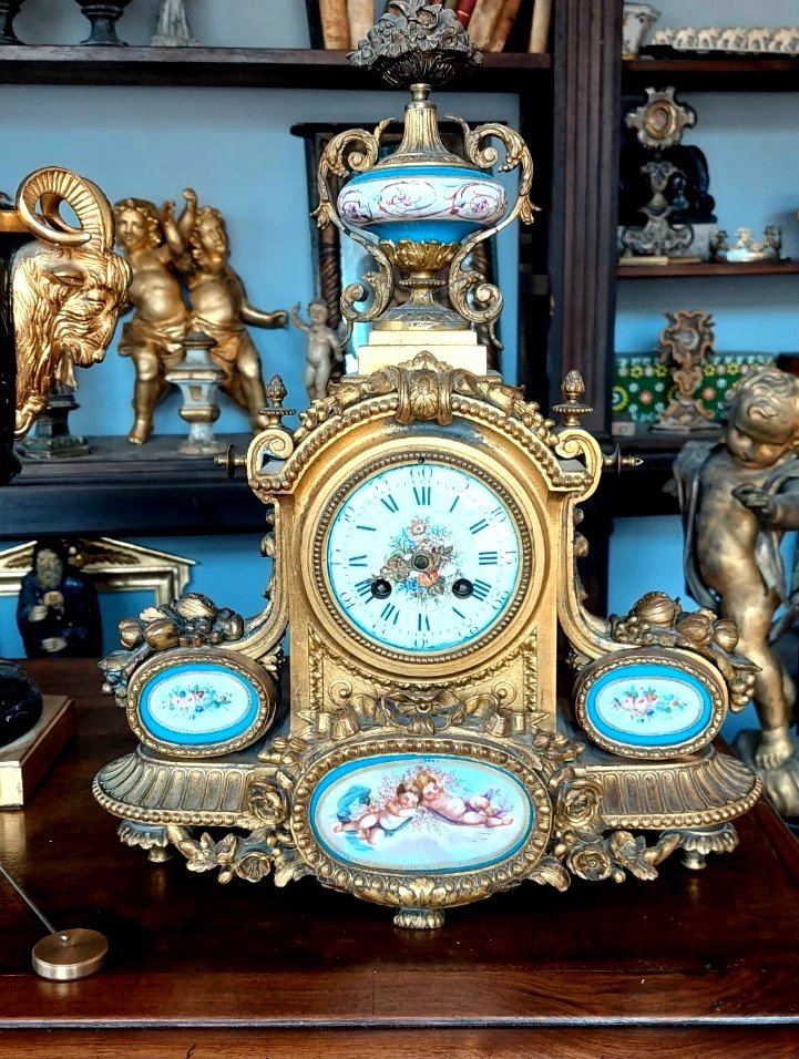 Pendule de table ancienne en bronze doré, porcelaine de Sèvres, France, fin du XIXe siècle-photo-2