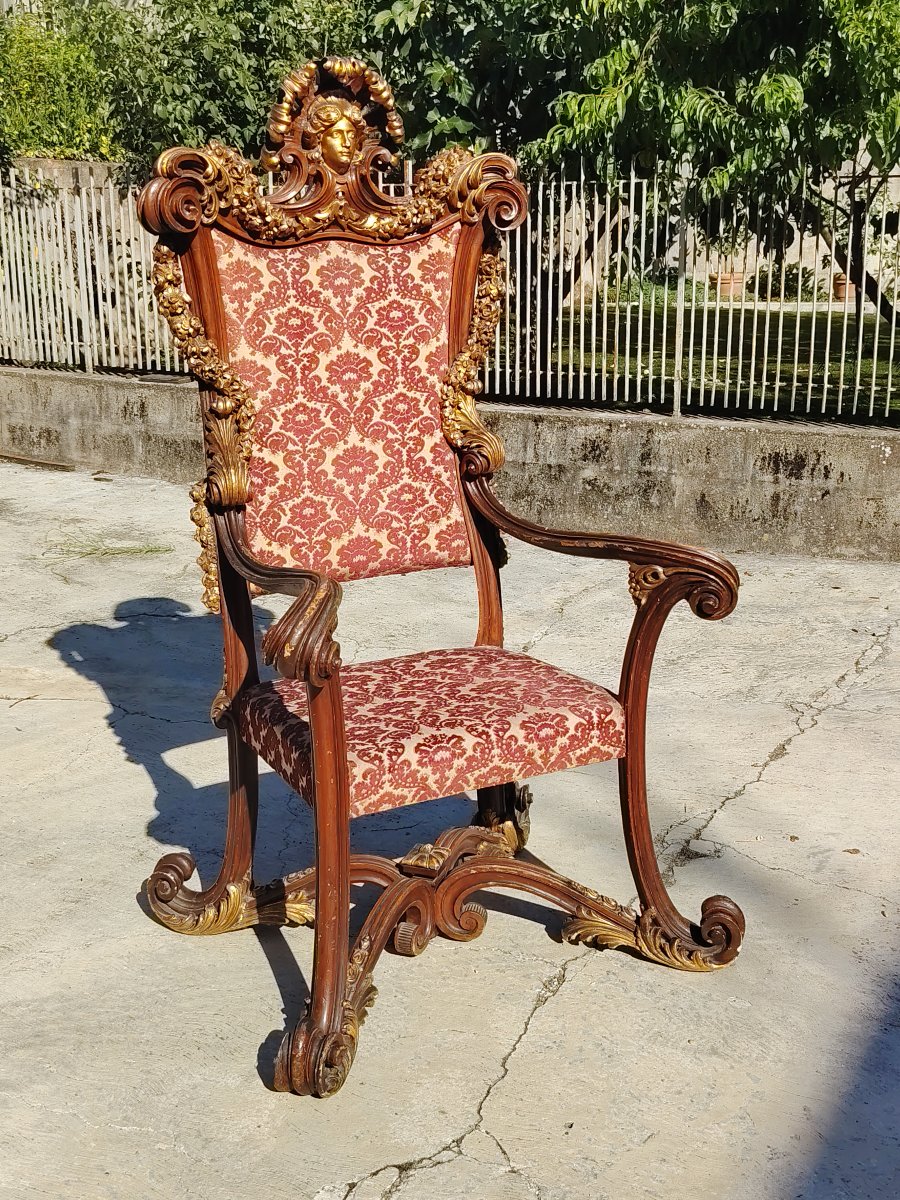 Un trône ou fauteuil d'apparat imposant , en bois sculpté XIX siecle-photo-2