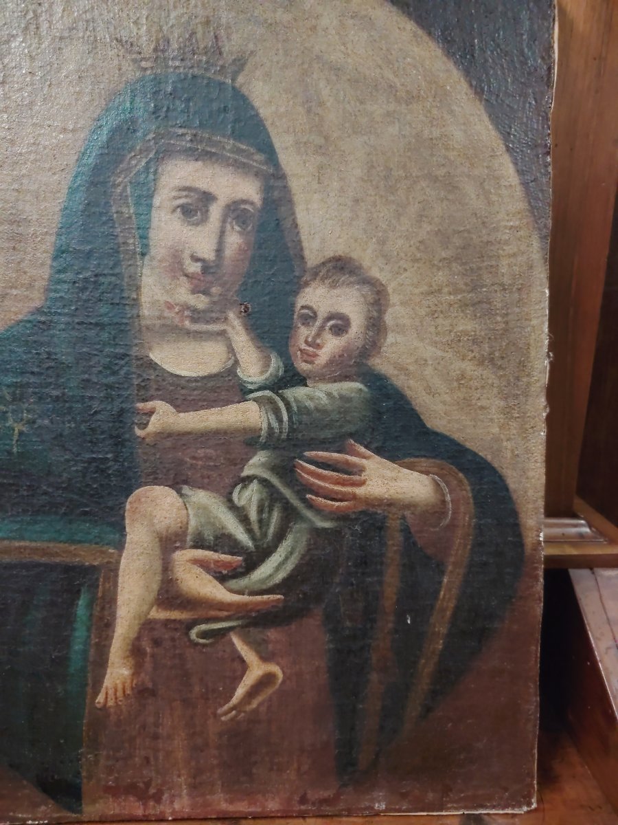  peinture à l'huile sur toile ancienne représentant la Vierge à l'Enfant. -photo-2