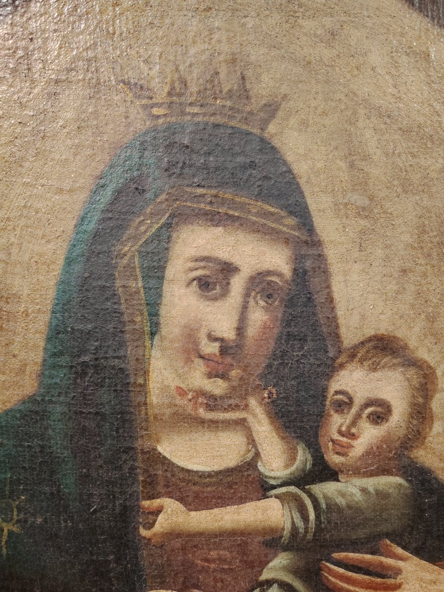  peinture à l'huile sur toile ancienne représentant la Vierge à l'Enfant. -photo-4