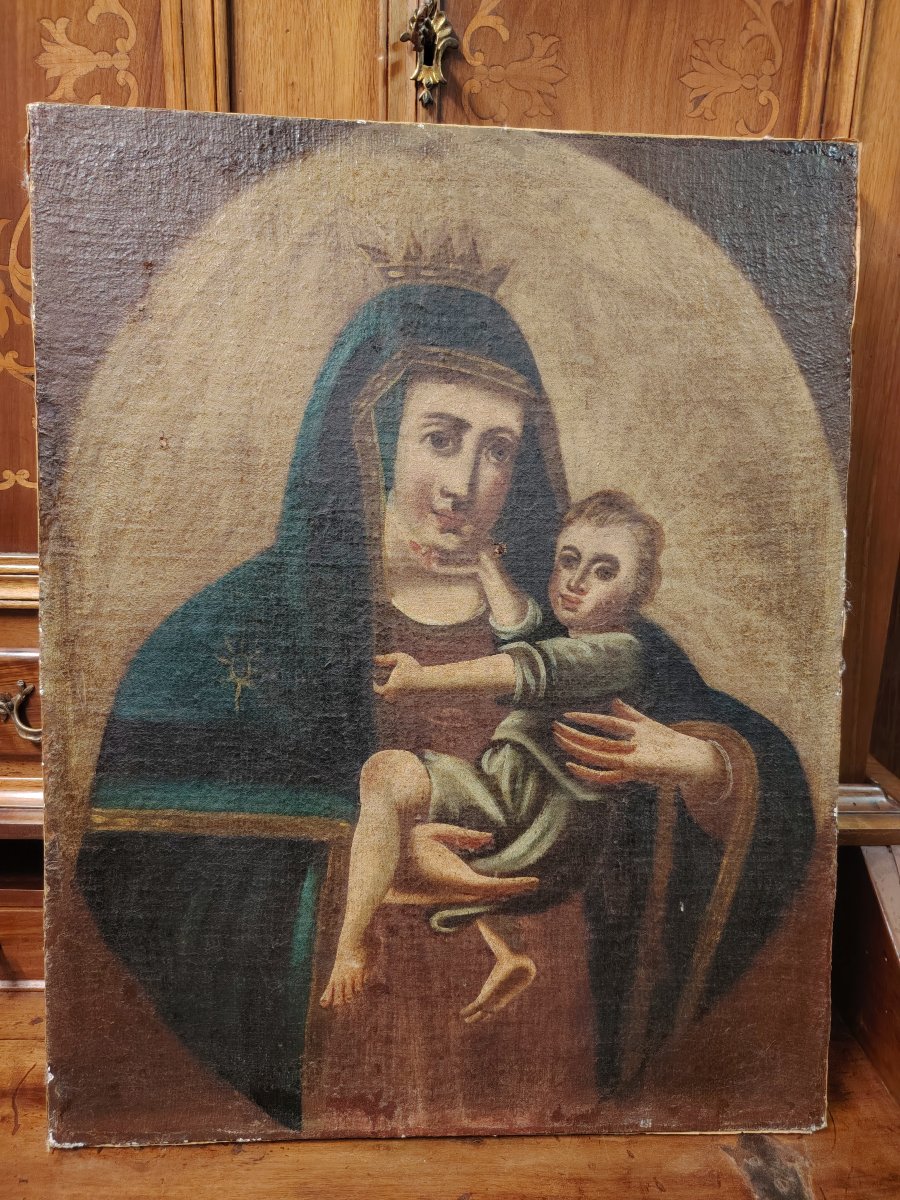  peinture à l'huile sur toile ancienne représentant la Vierge à l'Enfant. -photo-6