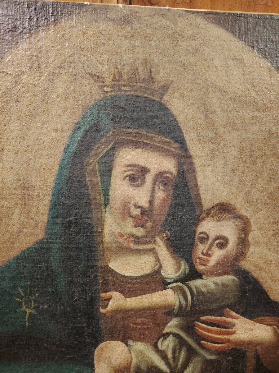  peinture à l'huile sur toile ancienne représentant la Vierge à l'Enfant. -photo-7