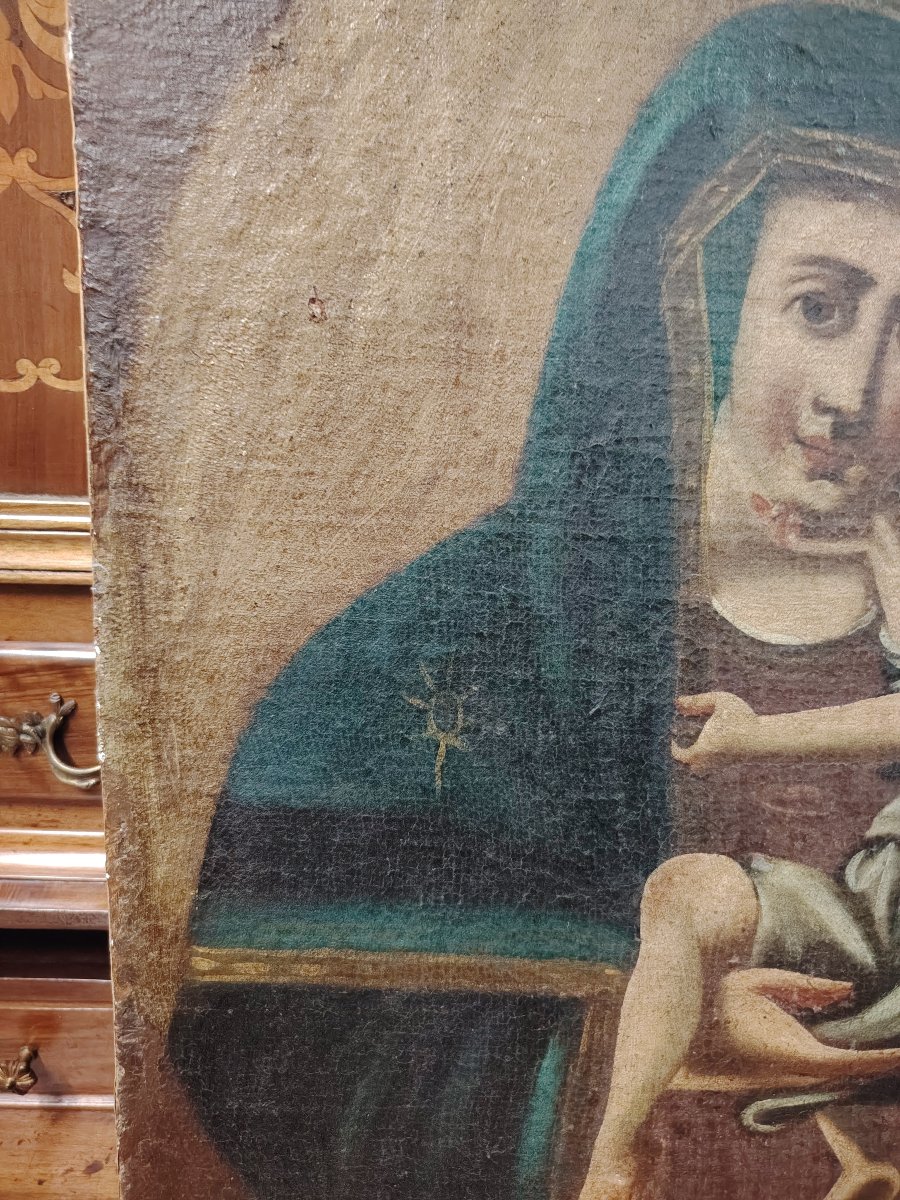  peinture à l'huile sur toile ancienne représentant la Vierge à l'Enfant. -photo-8