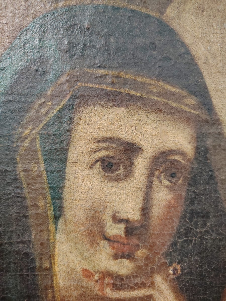  peinture à l'huile sur toile ancienne représentant la Vierge à l'Enfant. -photo-1