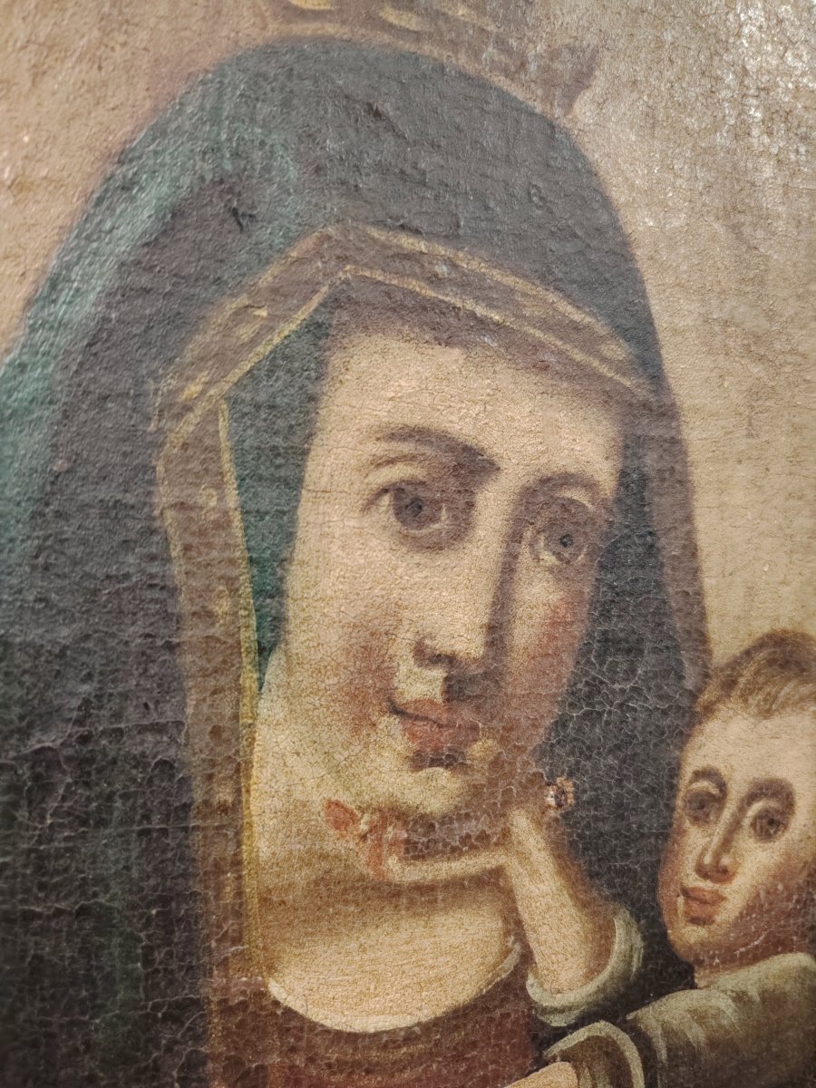  peinture à l'huile sur toile ancienne représentant la Vierge à l'Enfant. -photo-2