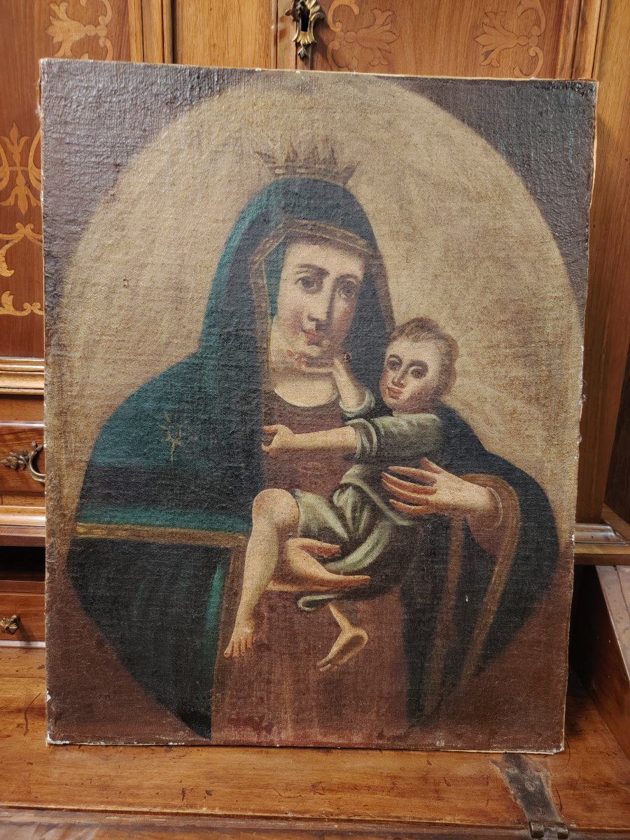  peinture à l'huile sur toile ancienne représentant la Vierge à l'Enfant. 